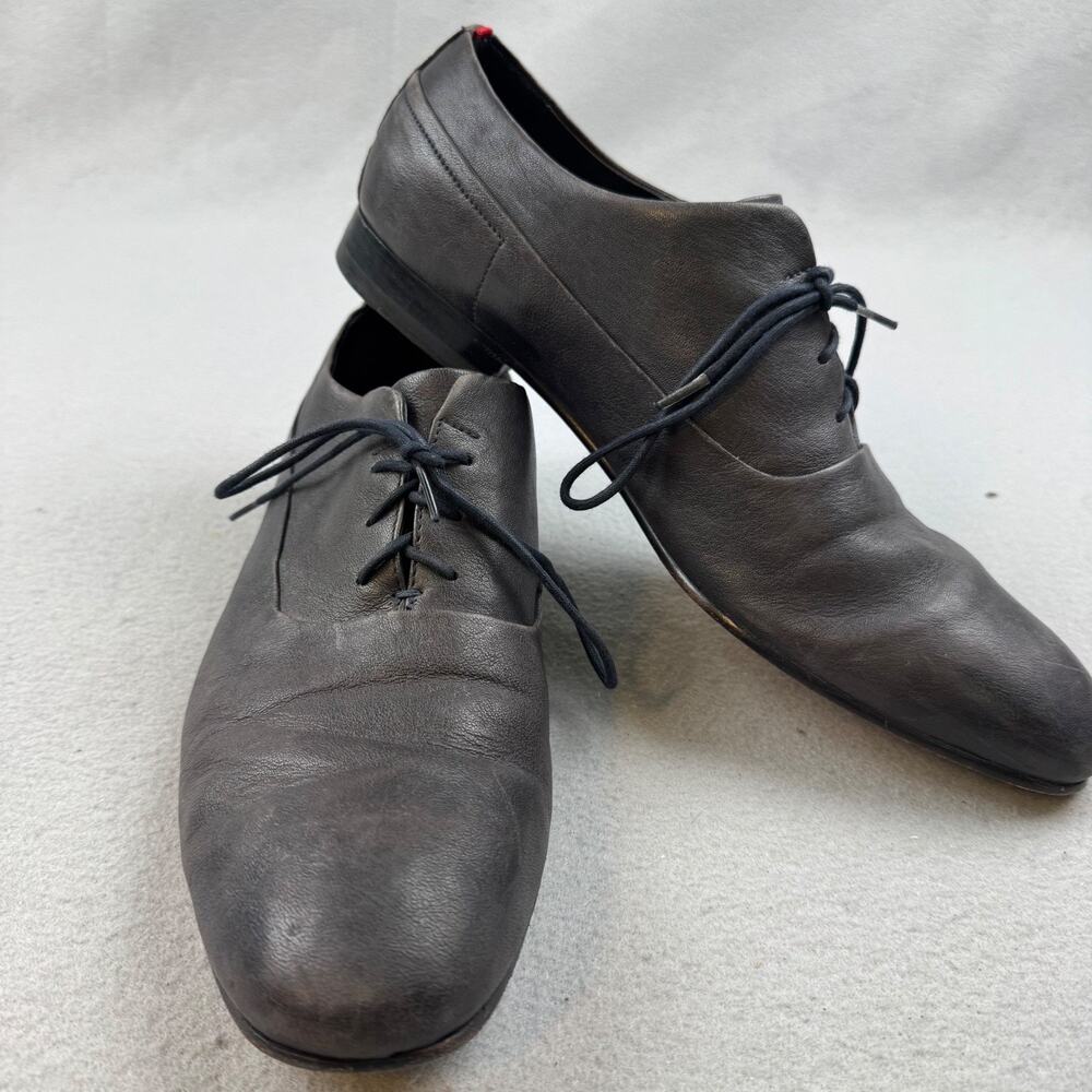 Hugo Boss Leather Derby Oxford Shoes Mens 9 Black Almond Toe Minimal Designer